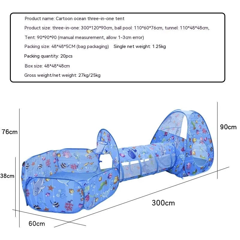Children's three-in-one cloth play tent set with ball pool and tunnel in a cartoon marine or vehicle theme.
