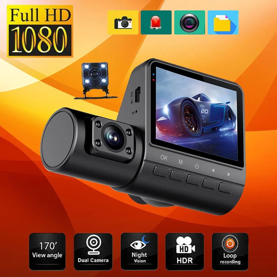Black car recorder with 1080P HD recording, 170-degree wide-angle lens, and touch controls