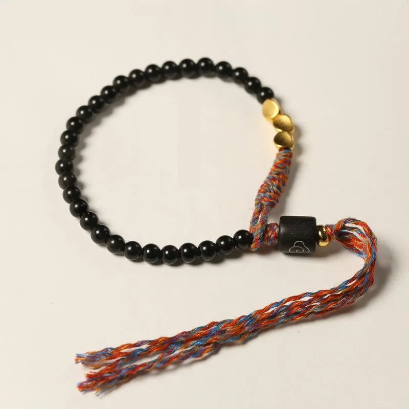 Hand-woven obsidian bead bracelet with adjustable 15.5-16cm strap