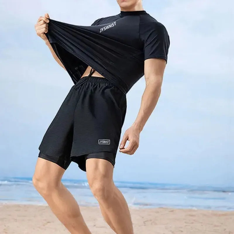 Men's two-piece swimsuit set with matching top and trousers in plus sizes