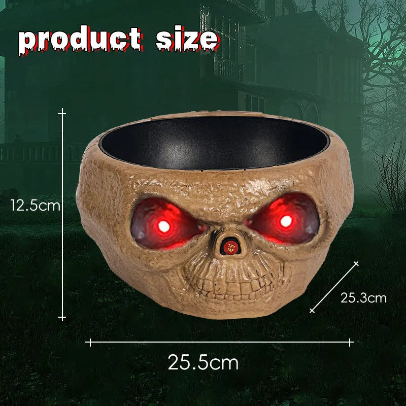 Plastic Halloween candy bowl with motion-activated skeleton hand and lighted red eyes, grey khaki or pumpkin colour