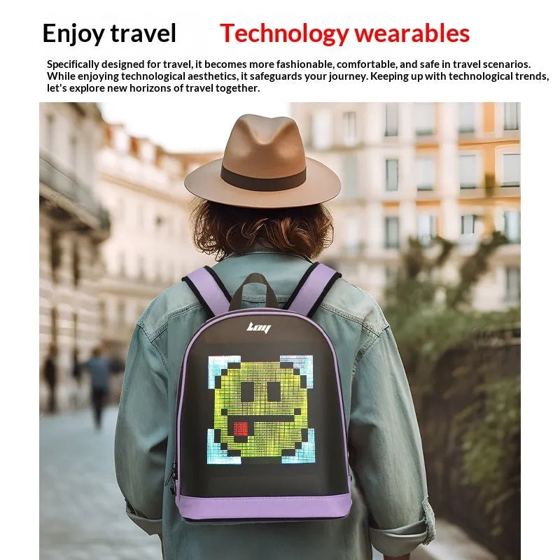 Waterproof PU LED smart backpack 26x11x30cm in black with luminous display and anti-theft design