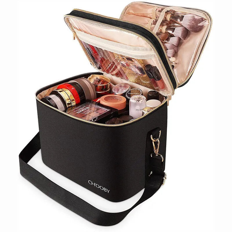 Black double-layer polyester cosmetic storage bag, 27x20x21cm, with soft handle and zip pockets.