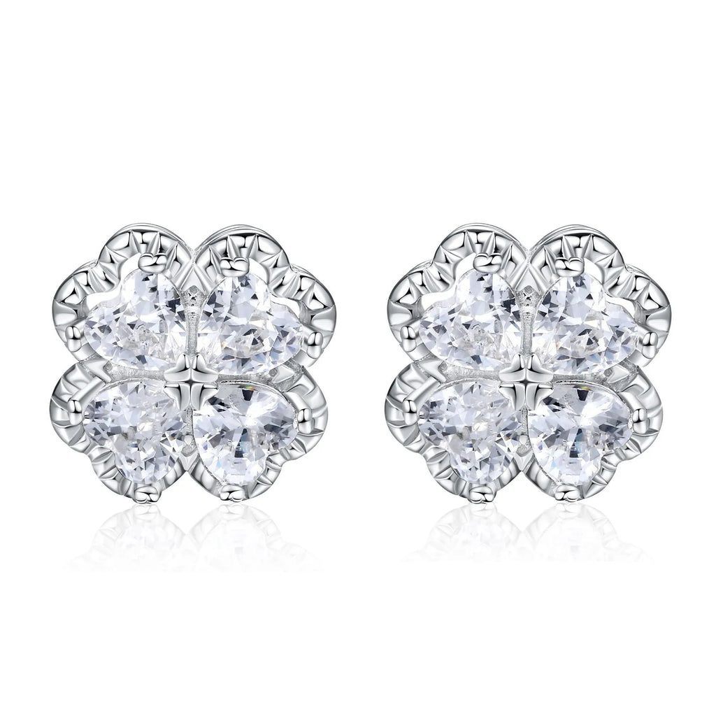 Zeng Yin 925 silver four-leaf clover earrings with zircon stones and heart design in white gold colour