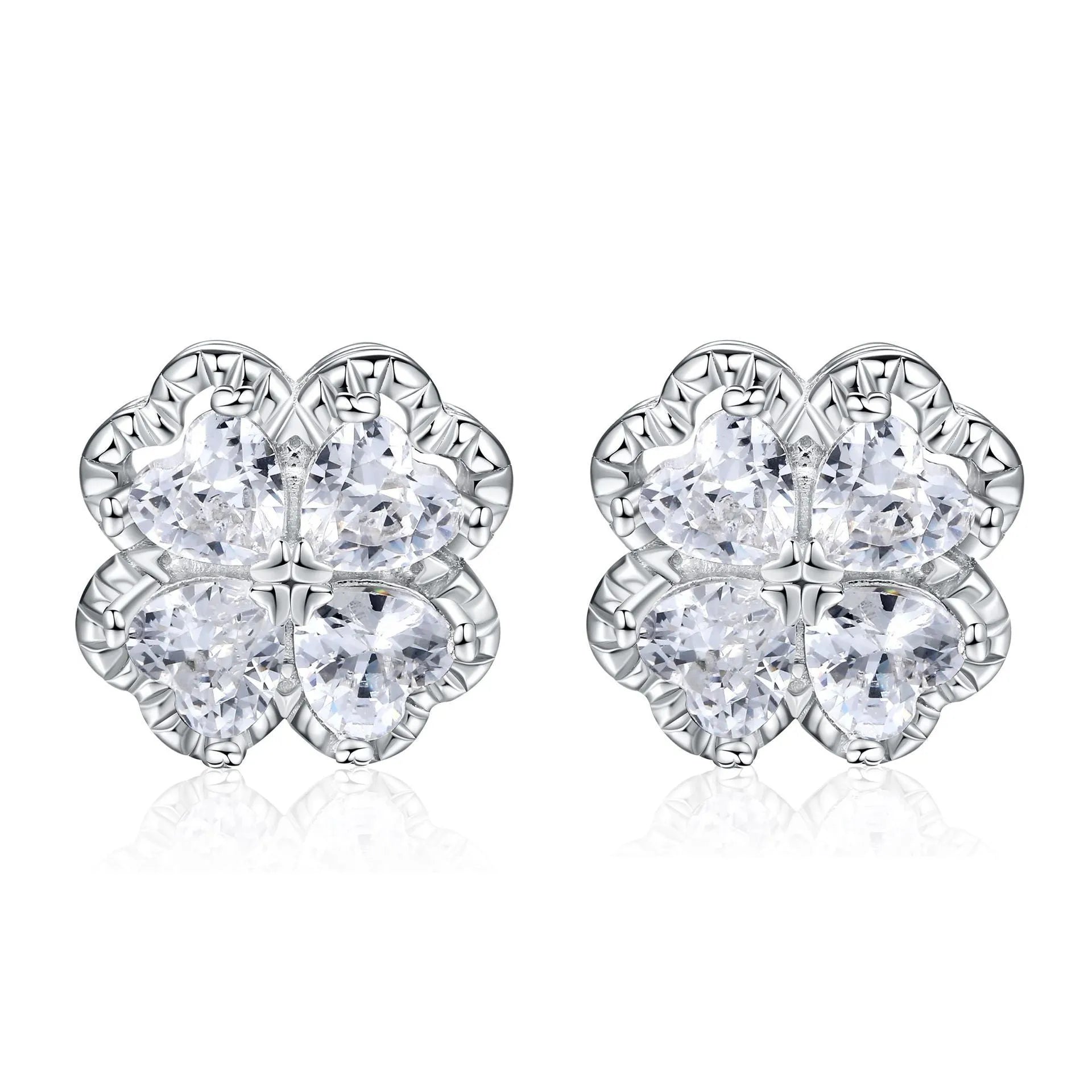 Zeng Yin 925 silver four-leaf clover earrings with zircon stones and heart design in white gold colour