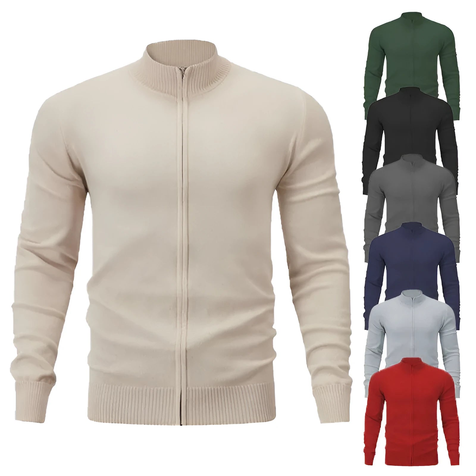 Cotton stand collar zip-front casual sweater in loose fit design