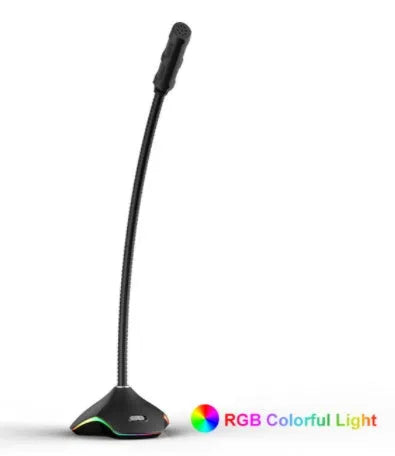 Black wired USB microphone with 3.5mm jack and positioning stents on a desk