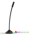 Black wired USB microphone with 3.5mm jack and positioning stents on a desk