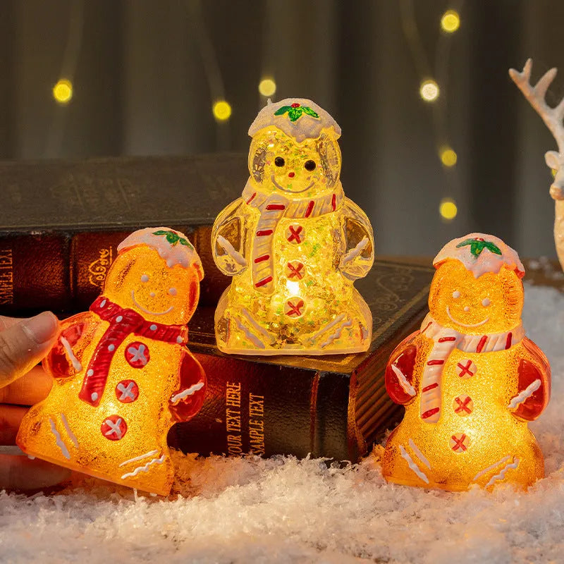 Glowing gingerbread man Christmas ornament with red scarf, plastic decoration measuring 6.5x4x10.5cm