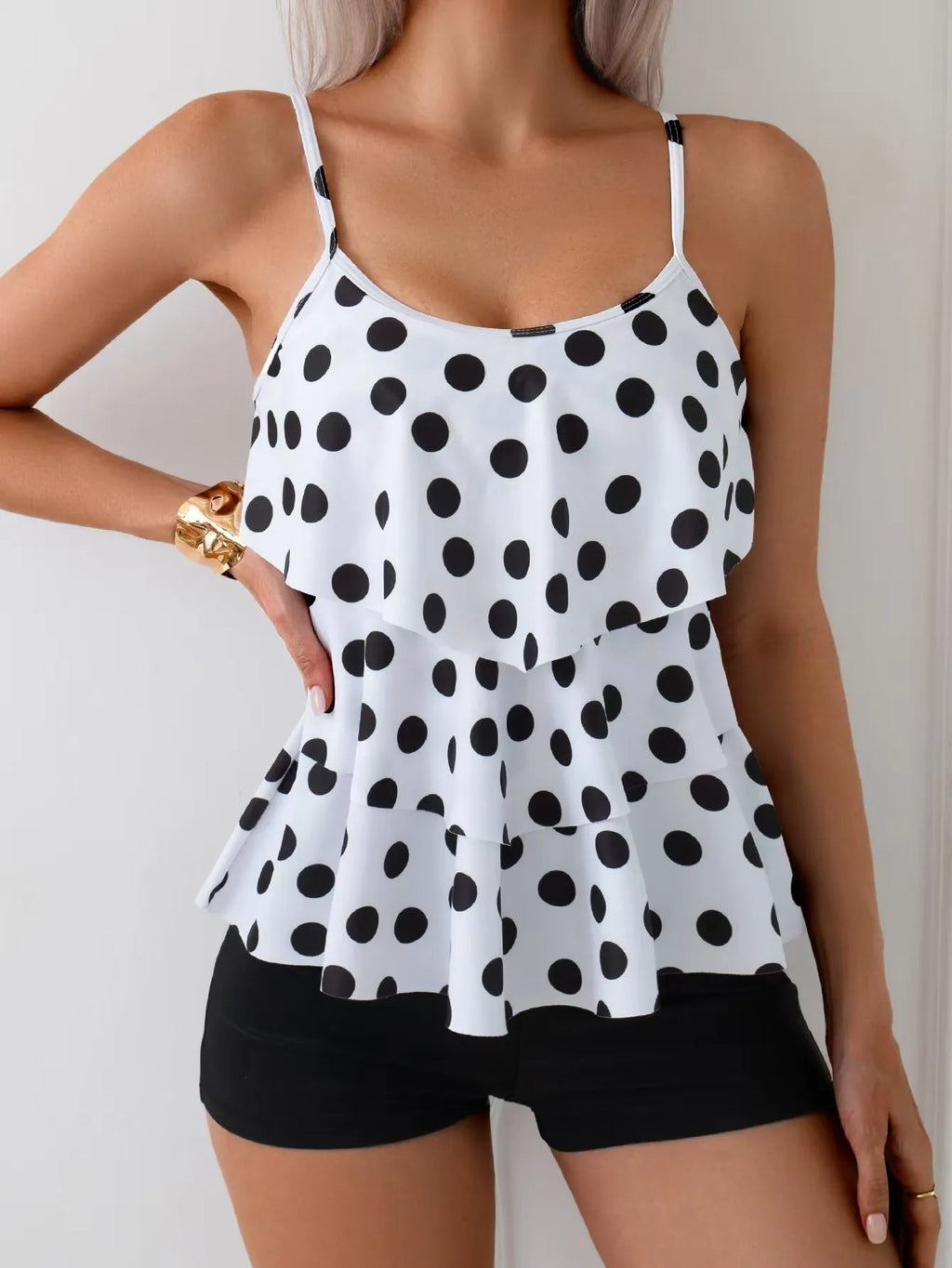 Black and white double-shoulder strap high waist backless boxers split swimsuit for women