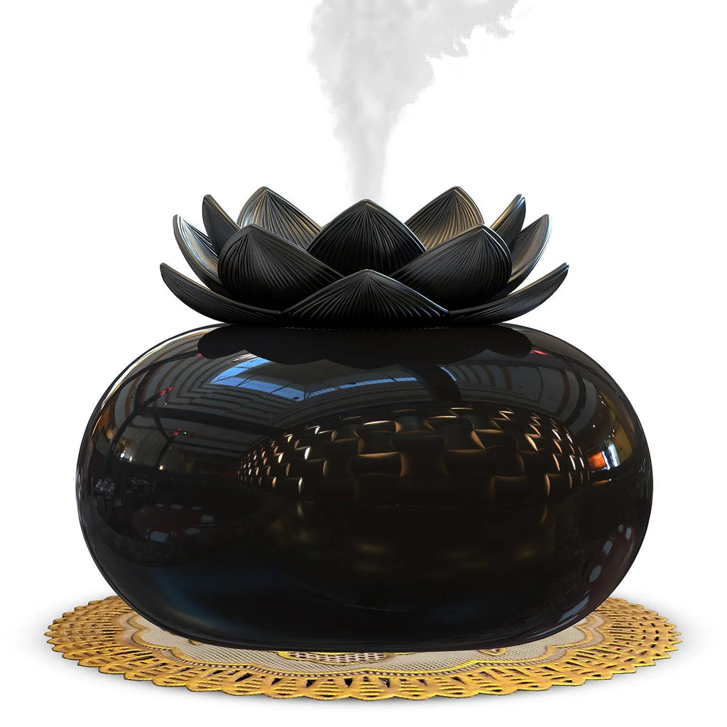 Pure black lotus-shaped aromatherapy humidifier with USB cable and ceramic mist diffusion plate