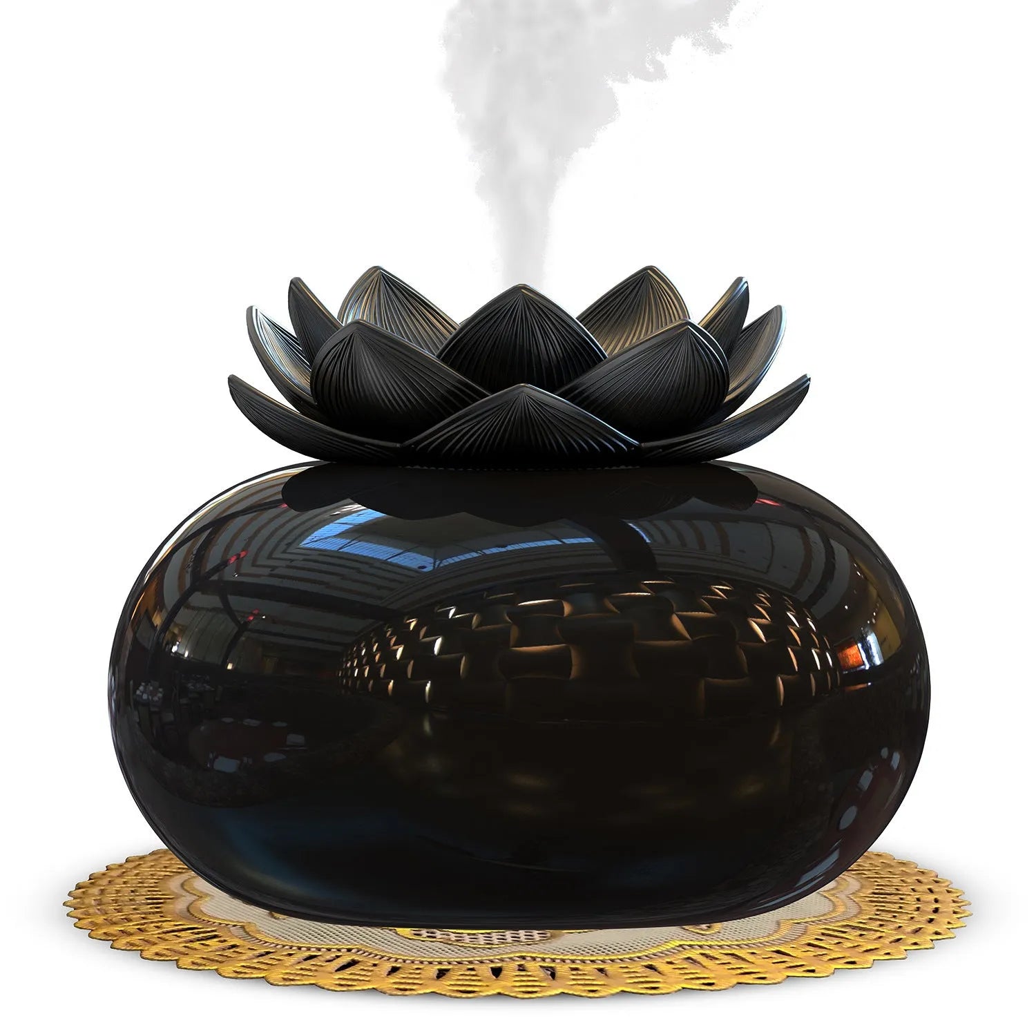 Pure black lotus-shaped aromatherapy humidifier with USB cable and ceramic mist diffusion plate
