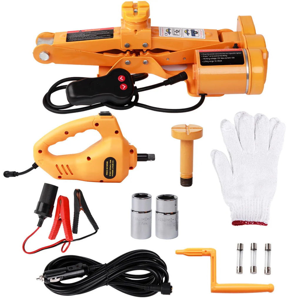 Yellow steel electric car jack set with 12V power wrench for tyre changes