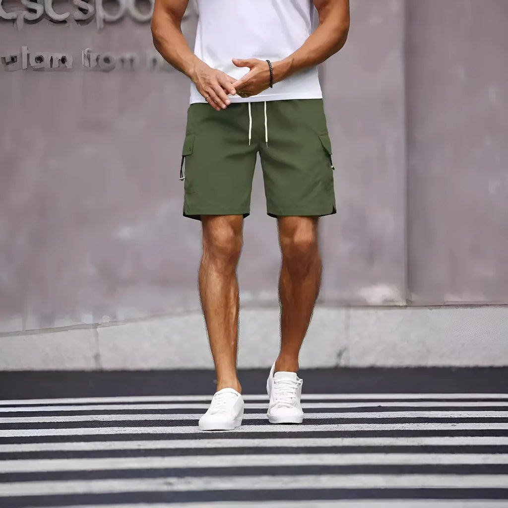 Men's loose straight cut workwear shorts in fluorescent green and army green colours