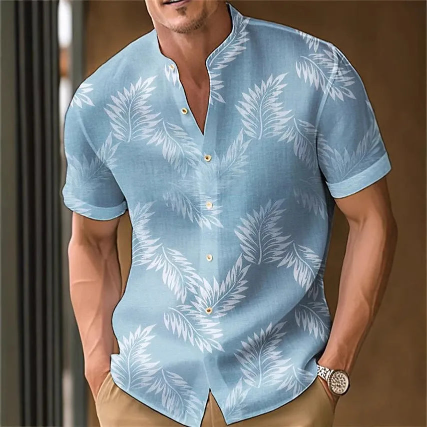 Men's printed polyester casual long sleeve button-up shirt shown in multiple colours