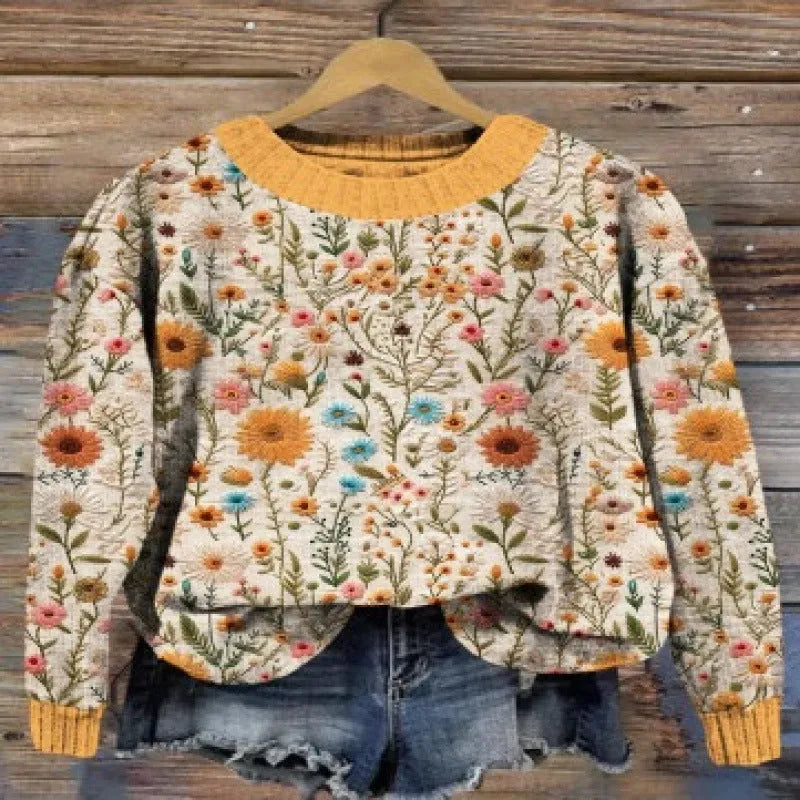 Little flower digital printed round neck polyester sweater in extended sizes S to 4XL