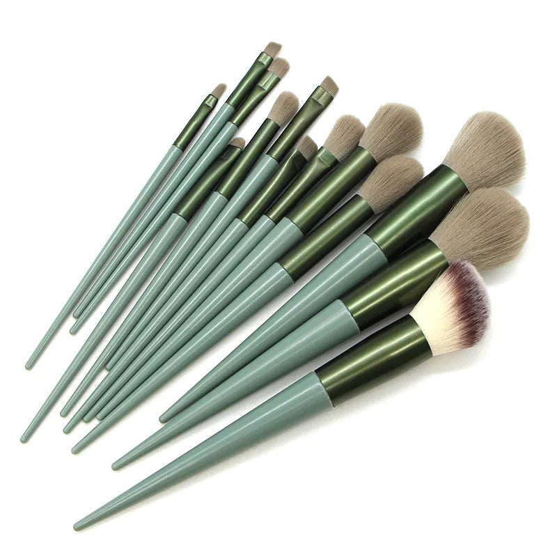 13 piece green makeup brush set with man-made fibre bristles and plastic handles