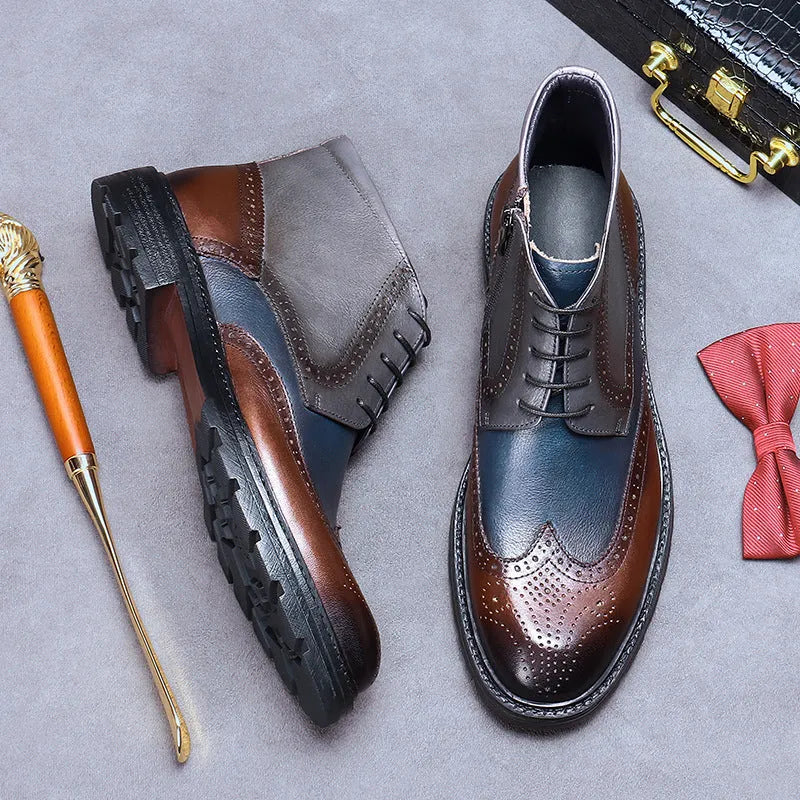 Men's Coffee Blue vintage brogue boots made from cowhide leather with a round toe and low square heel.