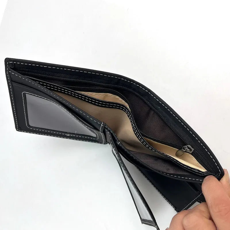 Black men's short wallet with animal print, showing zipper closure and multiple card slots.