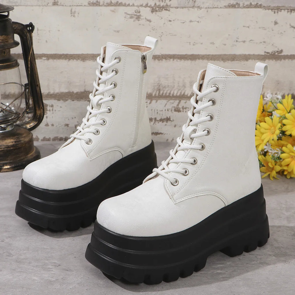Women's black retro platform ankle boots with patchwork design and chunky heel