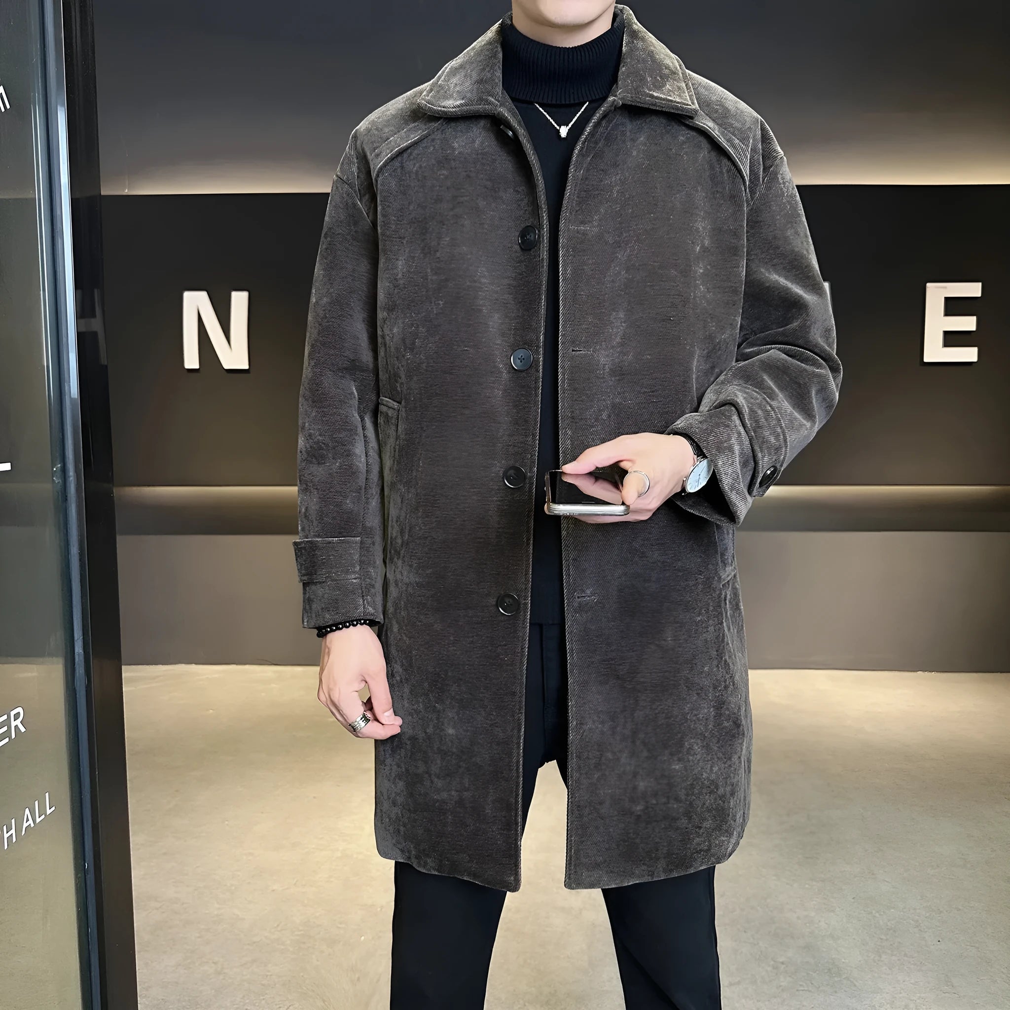 Long brown chenille cotton wool coat thickened windproof jacket with polyester lining, regular fit, front view