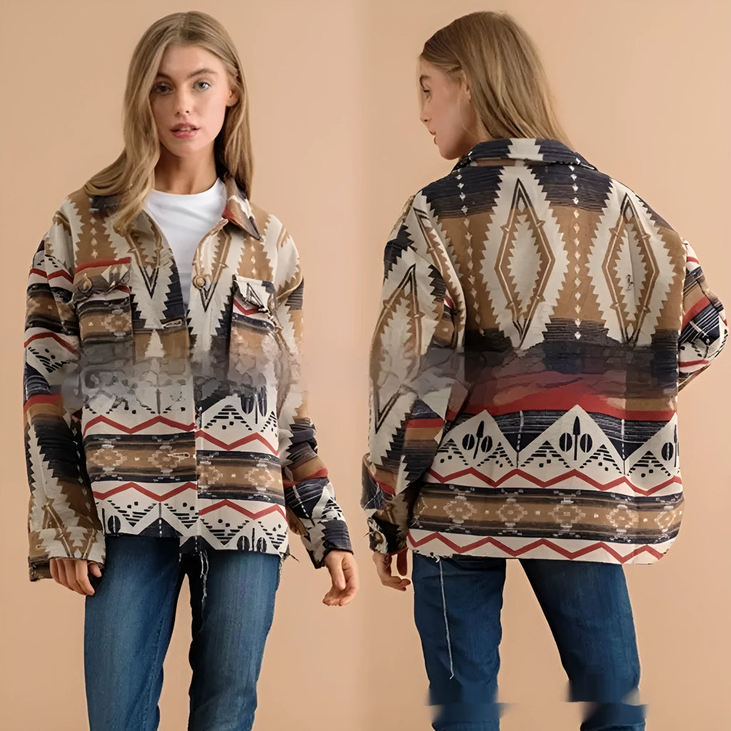Women's retro woolen coat with Aztec print in Army Green, featuring loose fit and long sleeves