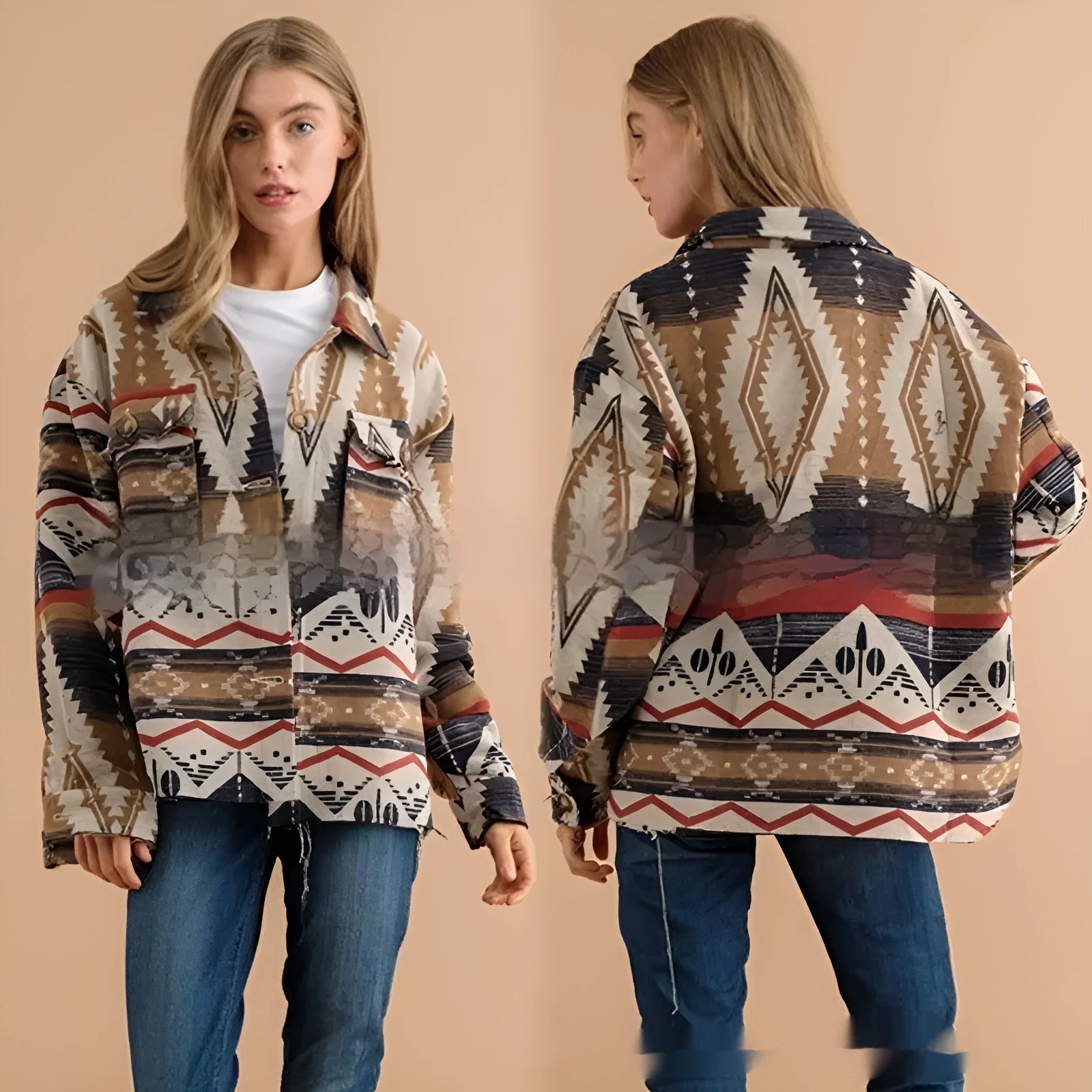 Women's retro woolen coat with Aztec print in Army Green, featuring loose fit and long sleeves