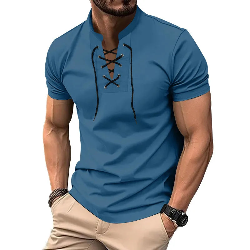 Men's loose fit V-neck V-tie short sleeve polyester T-shirt in solid colour, front view