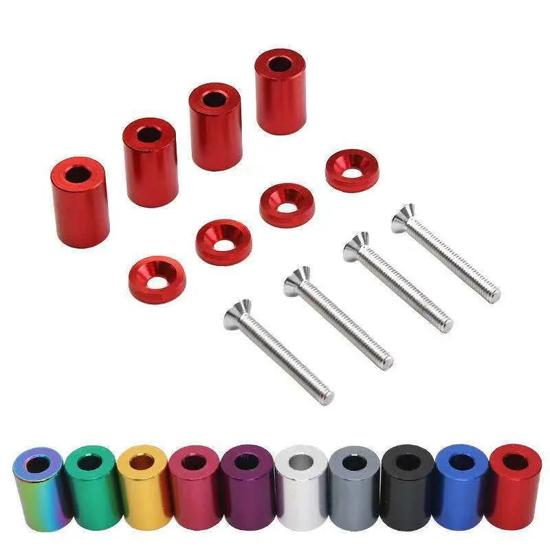 Aluminium machine cover pad height sheet with screws, nuts, washers in black, blue, and red colours.