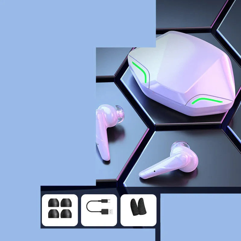 Wireless Bluetooth gaming headset with charging case and four coloured silicone ear tips.
