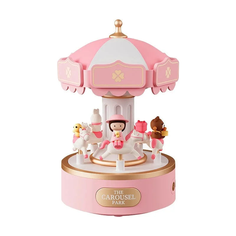 Carousel music box with ambience light showing rotating figurine and USB charging base