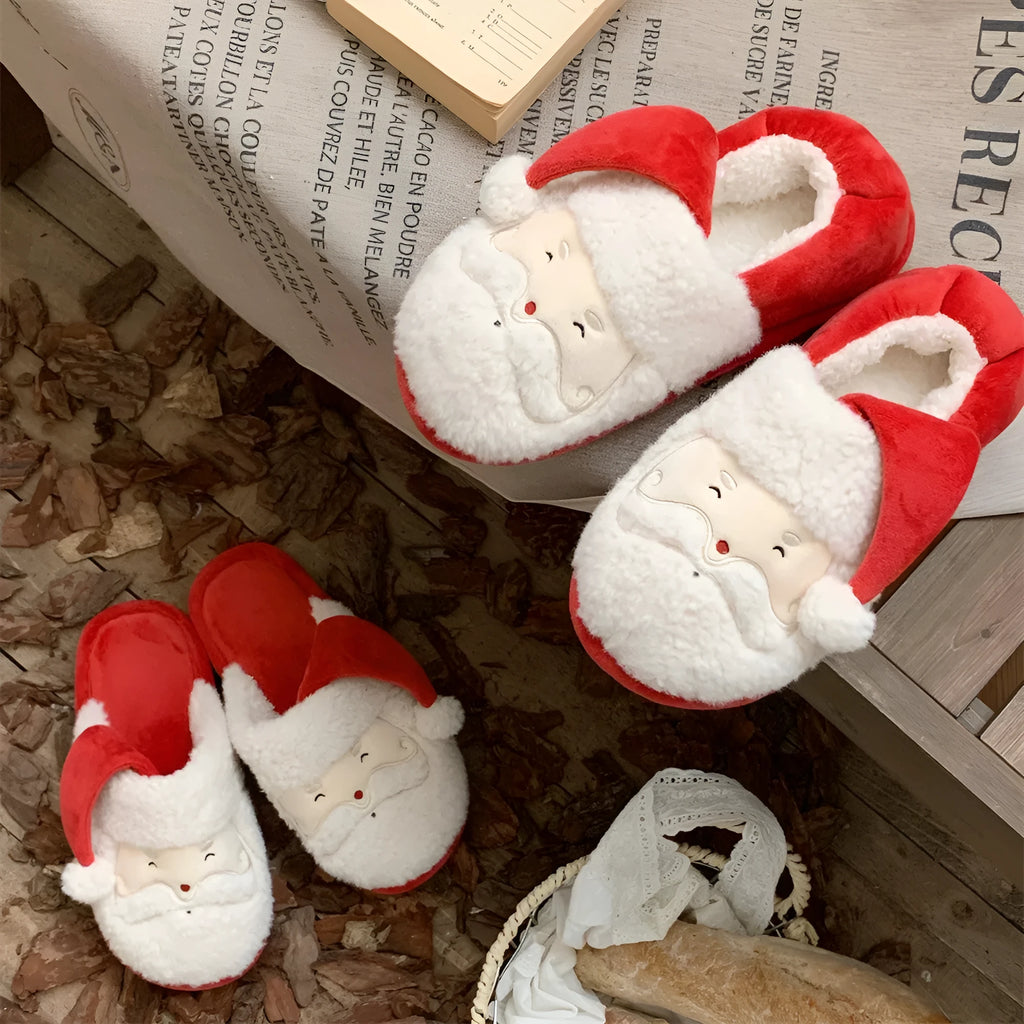 Red and white half-pack cute Santa Claus plush confinement slippers with suede upper and PVC sole