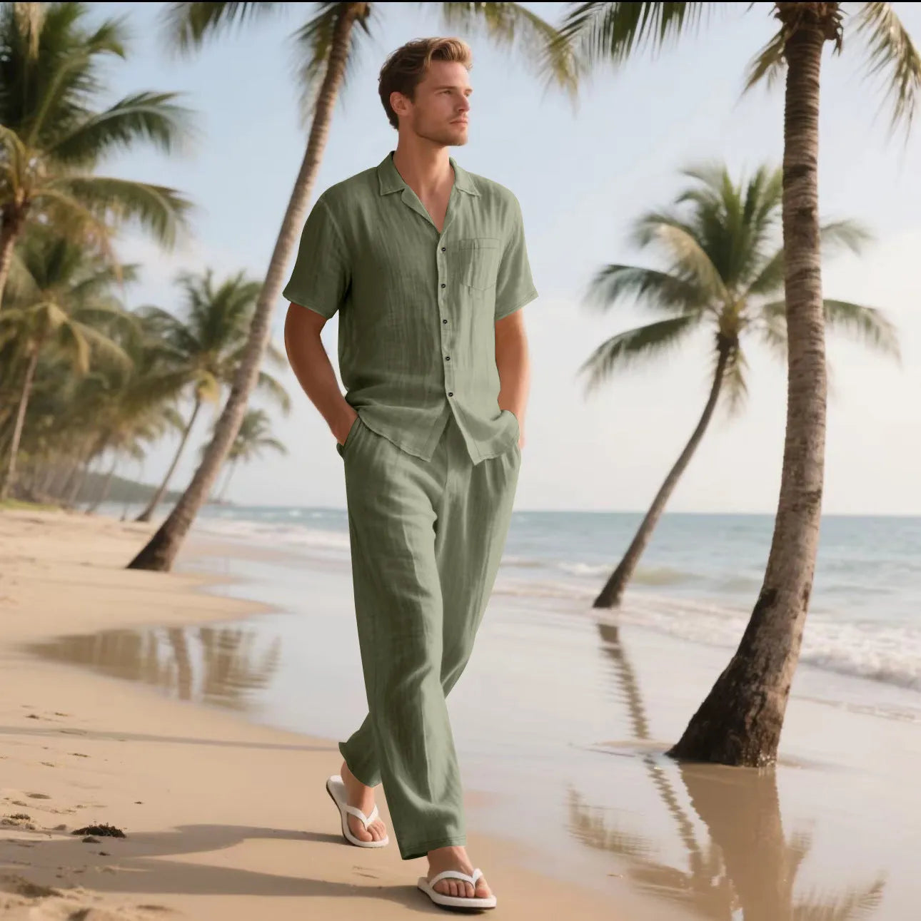 Two-piece casual linen-blend button polo beach suit with short sleeves and trousers in khaki colour