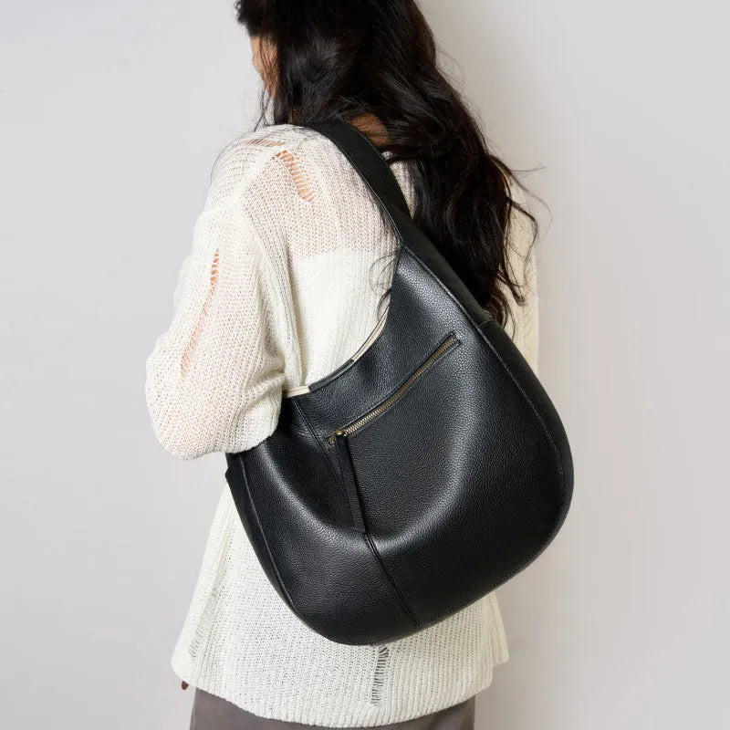 Genuine leather top layer cowhide shell tote bag in black with open outer pocket