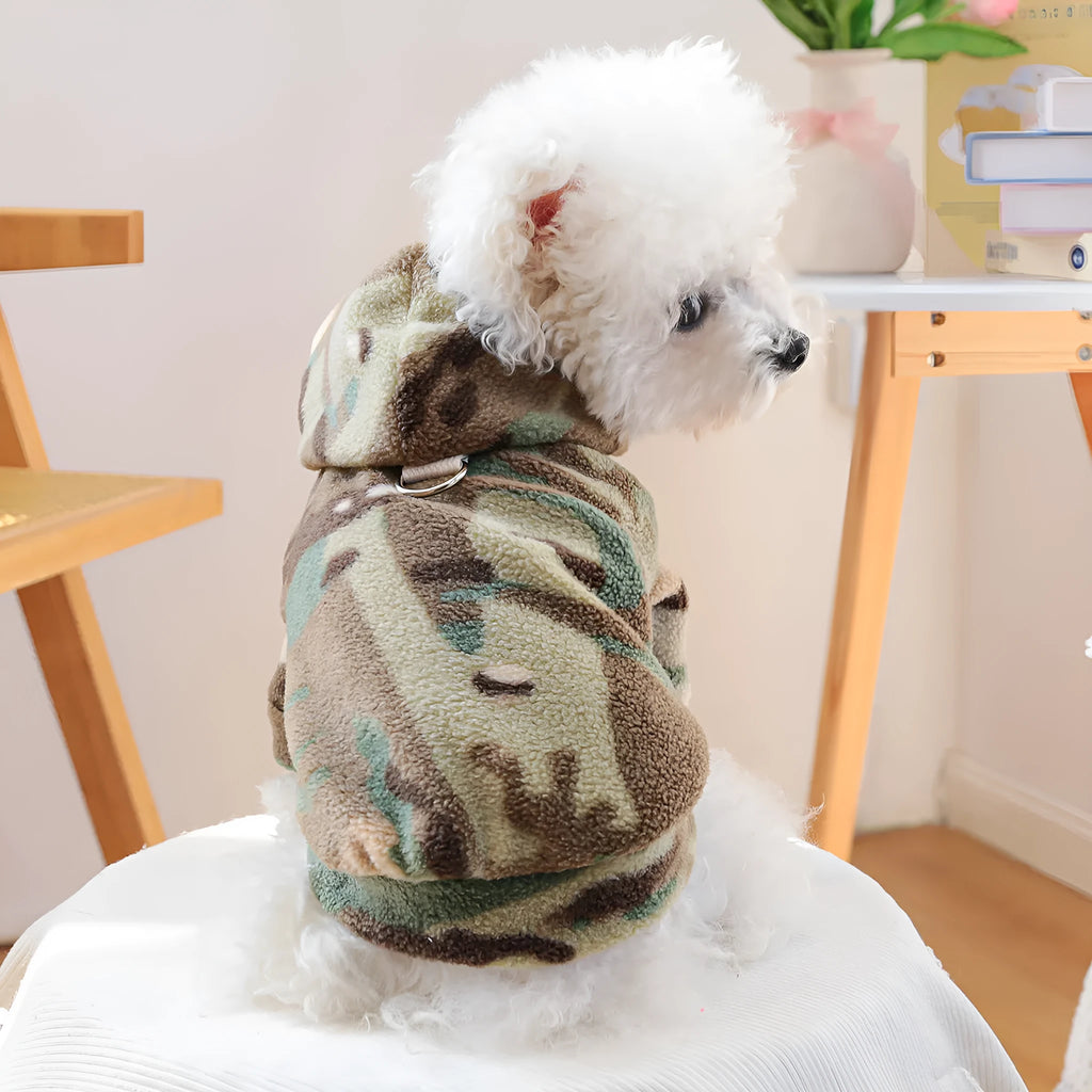 Camouflage polyester dog sweater on display, available in sizes XS to XL for dogs up to 9kg