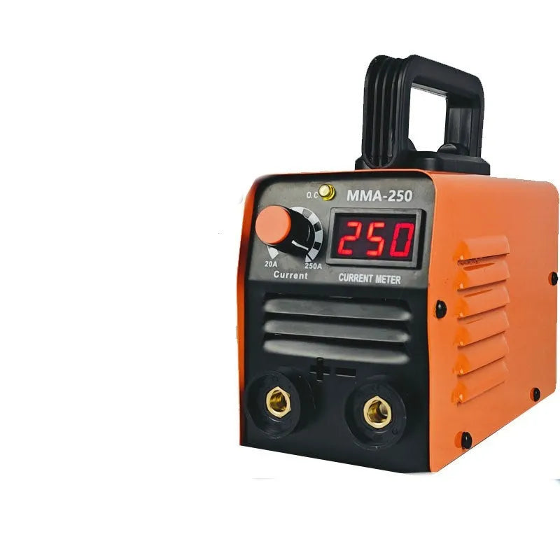 Portable mini MMA-250 DC spot welding machine with 110V US plug, ground wire, mask, and slag hammer on a workbench