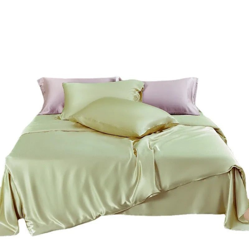 Solid colour silk duvet cover in plain weave construction, shown in bright brown