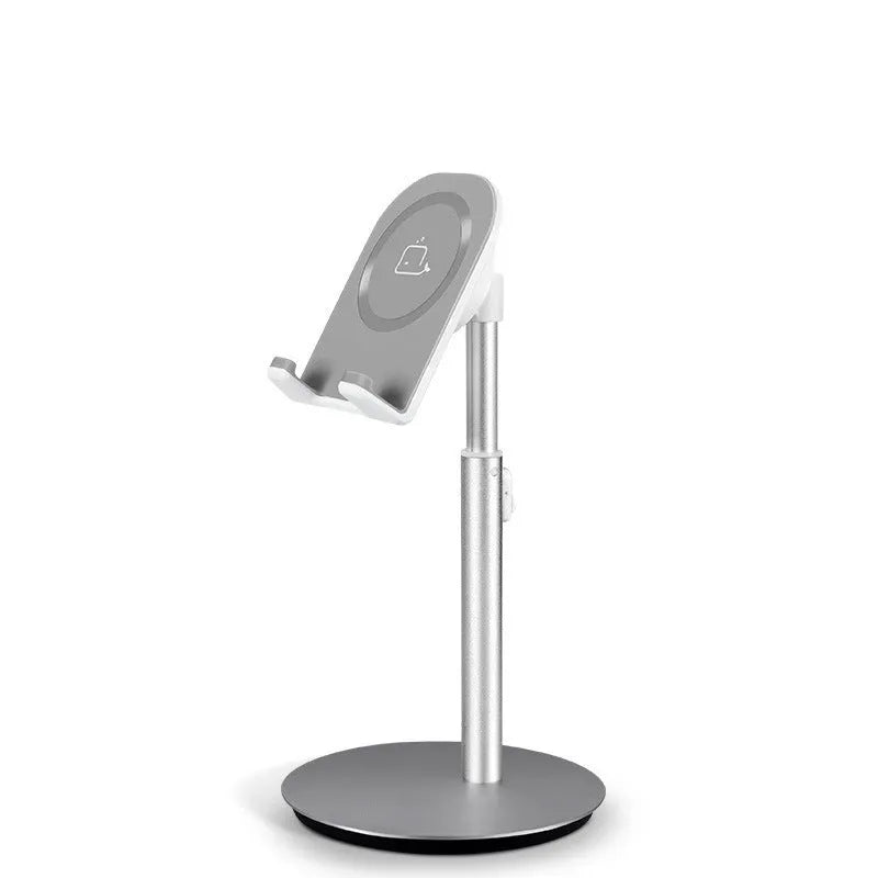 Silver metal S1 universal desktop stand holding a tablet and a mobile phone.