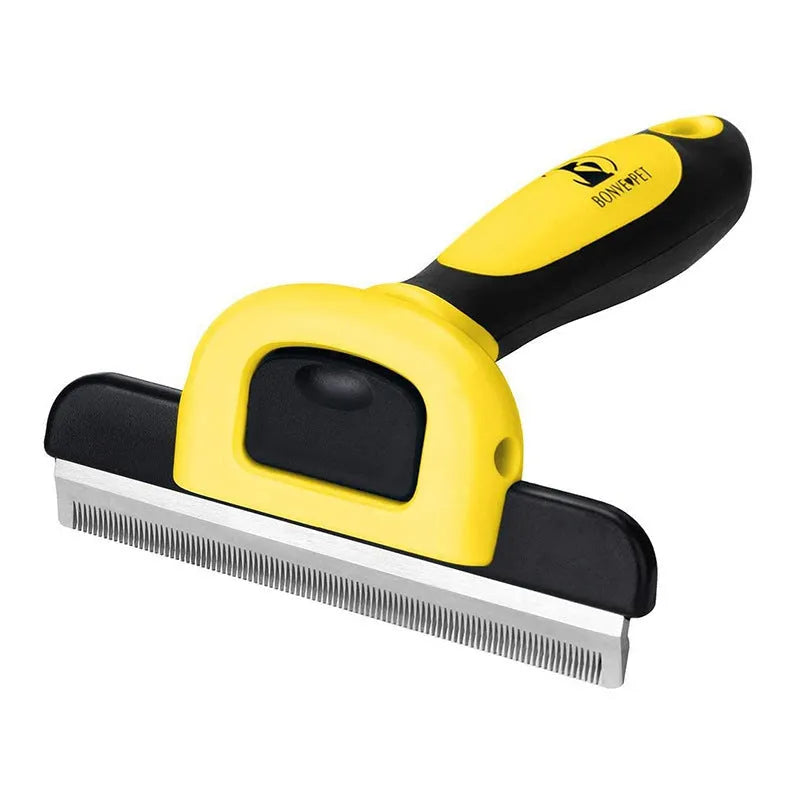 Blue and yellow dog grooming comb with stainless steel pins for hair removal and knot untying