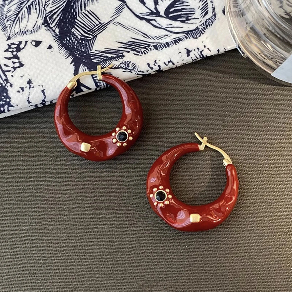 Hong Kong style retro ear studs with rhinestone inlay dripping oil treatment alloy metal earrings