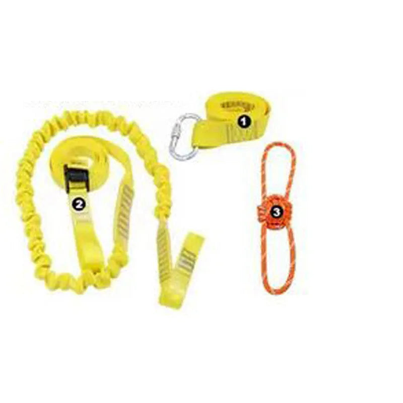 Dog training belt rope toy set with black polyester belt and yellow rope toy on a neutral background