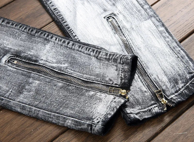 Pair of men's black basic straight jeans with worn finish, 98% cotton, side view