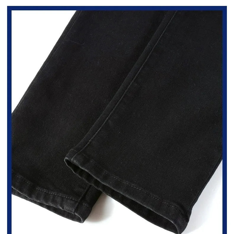 Black Patch Pleated Jeans For Men Cotton 98% Micro-elastic Double Waistband Zipper Placket Casual Trousers Black Asian Sizes 28-40