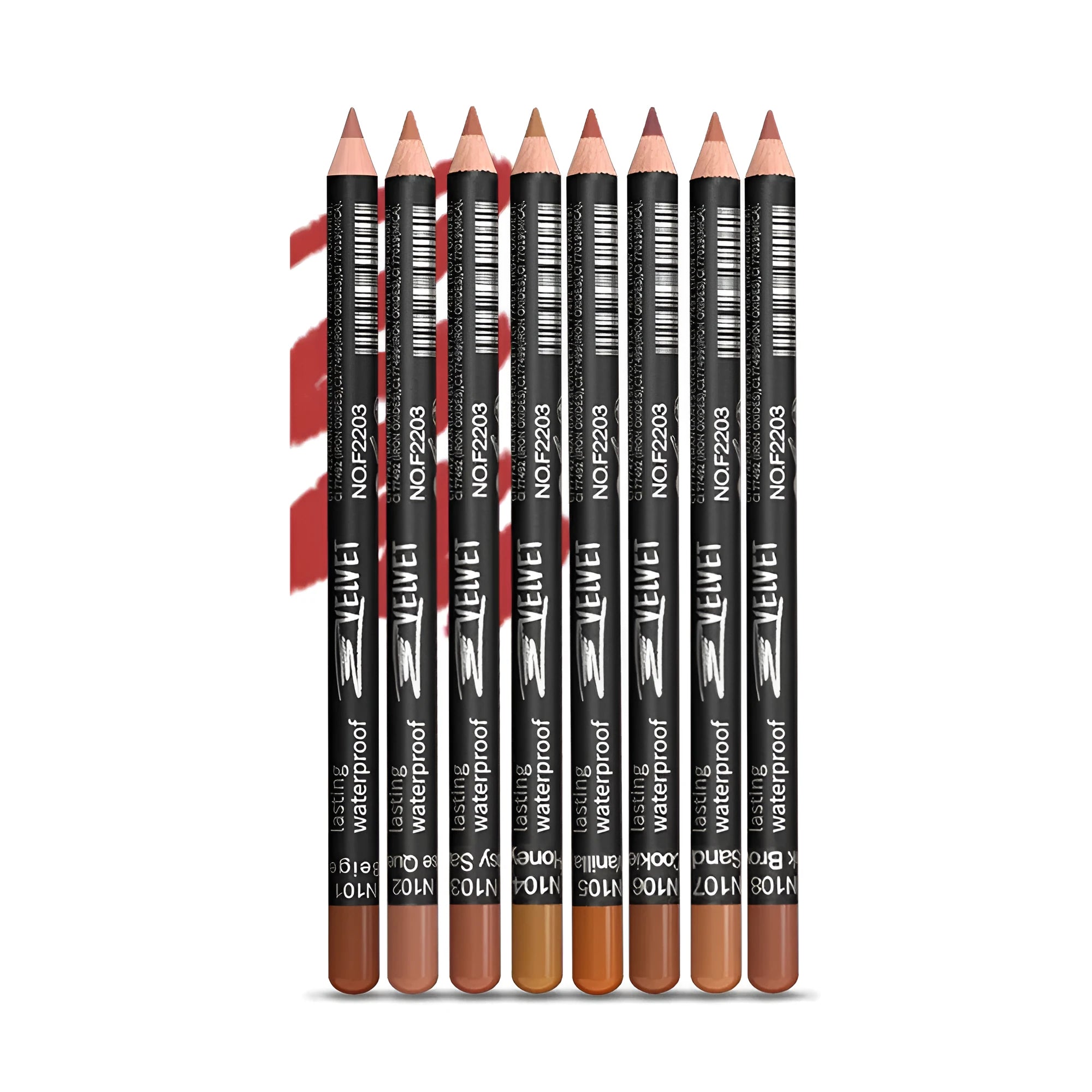 Wooden casing lip liner pencil shown in one of 14 shades with matte, long-lasting finish.