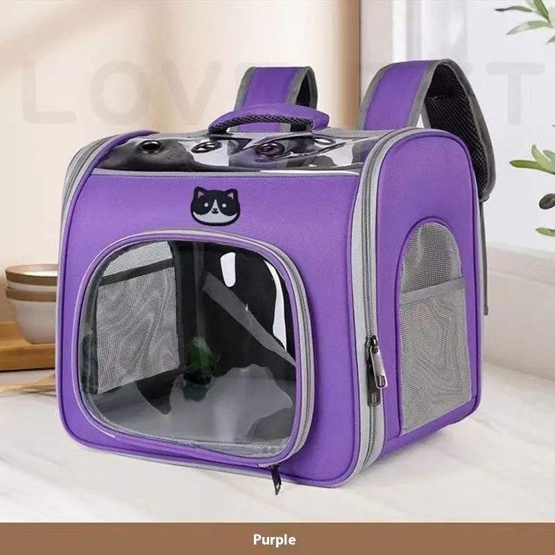 Portable transparent hard shell pet bag in blue, 35L capacity, polyester build for cats and dogs