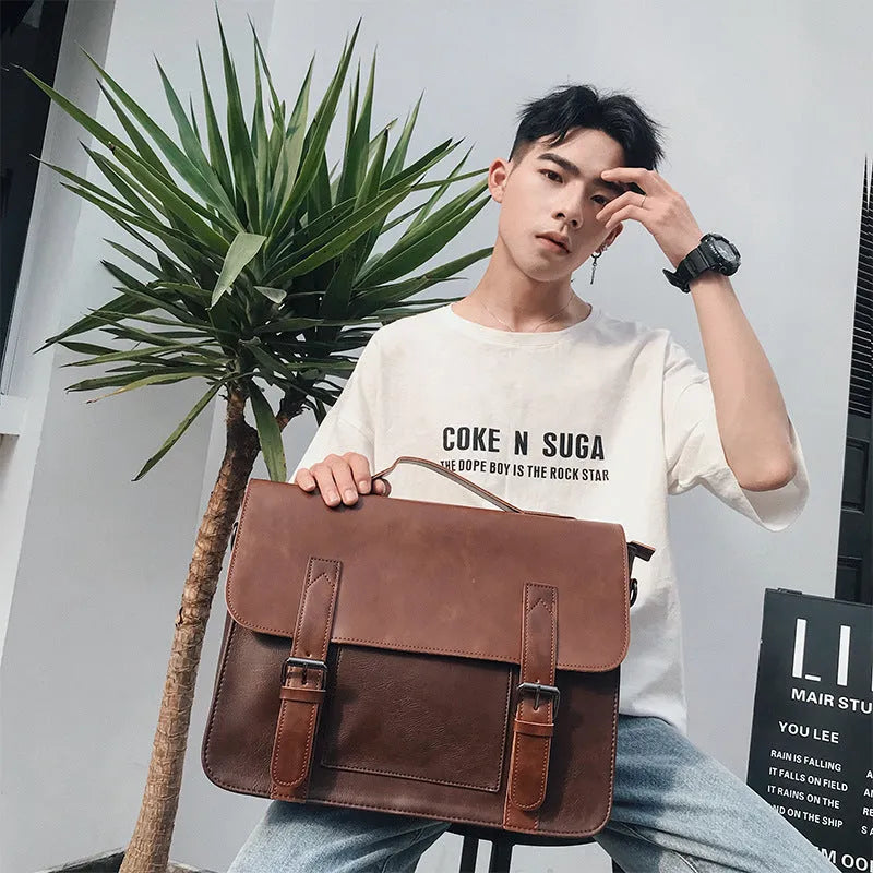 Men's casual shoulder bag in black PU leather, horizontal square shape, 36x29x11cm, with cover-style opening