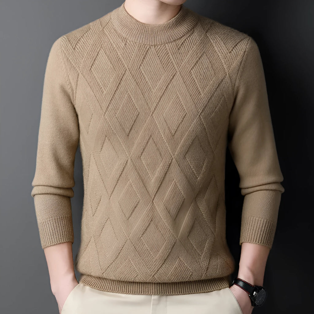 Men's plus size diamond jacquard pullover sweater in light camel colour for winter.