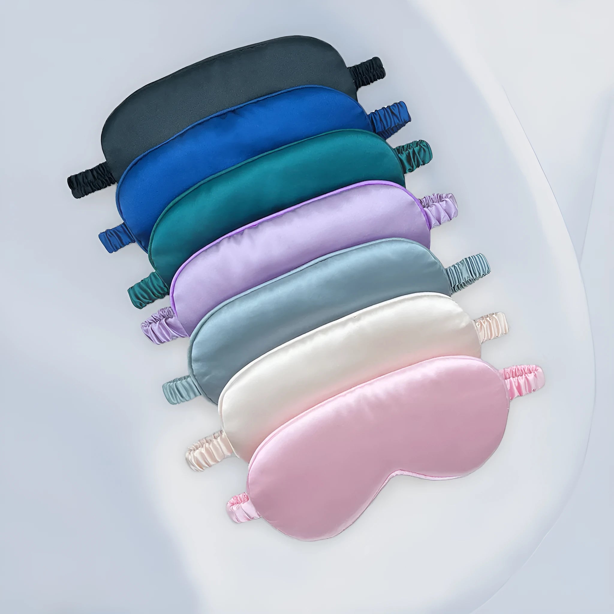 Rayon elastic satin sleep mask in multiple colour options showing double-sided silk-like texture