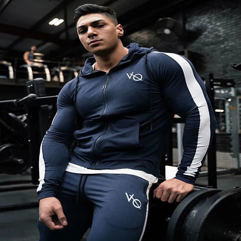 Men's cotton sweatshirt and trousers summer sports set hooded long sleeve stretch fabric black khaki navy blue