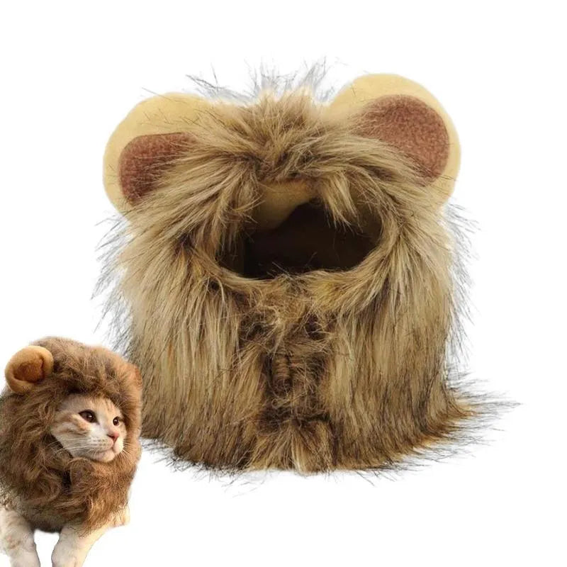 Lion mane wig for cat on pet with plush ears and fluffy artificial hair, showing adjustable elastic band.